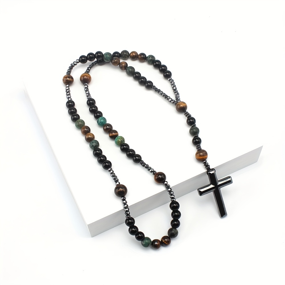 Men's Obsidian Tiger Eye Cross Pendant Necklace, Beaded
